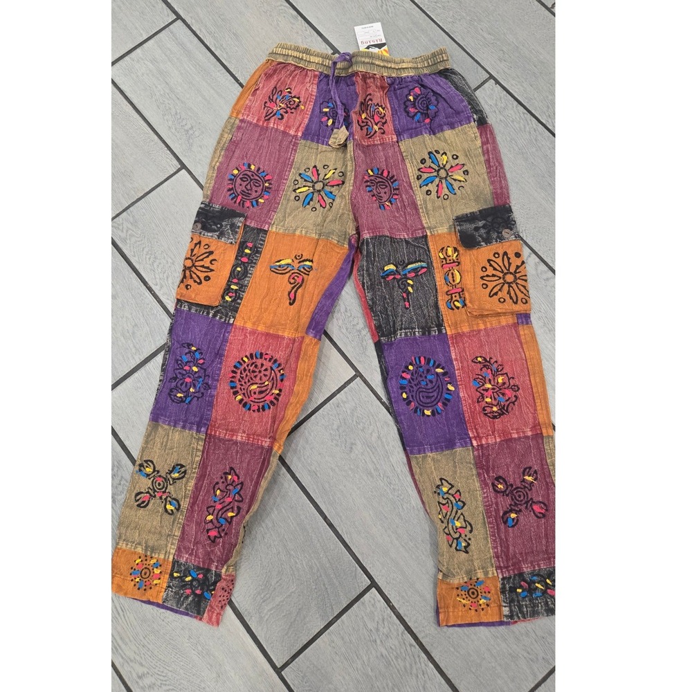 Rising International Patchwork Cargo Pants Boho Nepal Cotton Sun Embroidered L